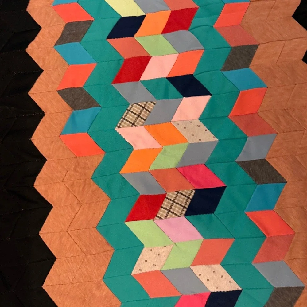 Vintage Handmade Tumbling Blocks Quilt 43x62 3D Cube Patchwork Floral Back